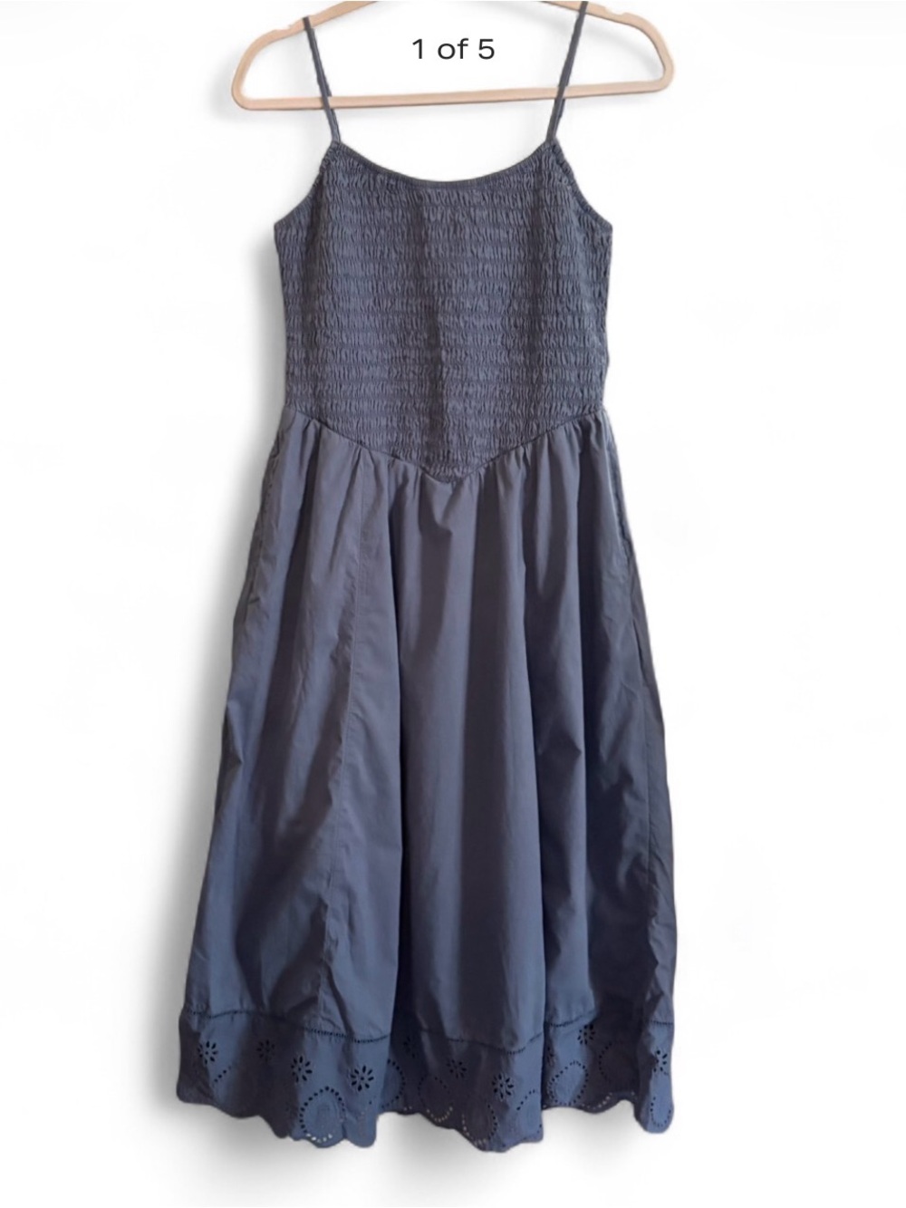 American Eagle Cottagecore Smocked Bella Midi Dress M Navy Blue Eyelet Coastal